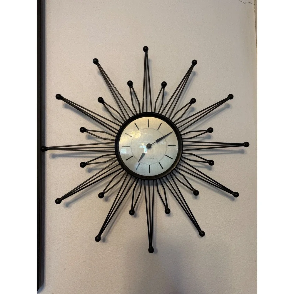 Sterling & Noble Black Starburst Wall Clock Mid Century Modern 18 Inch Retro